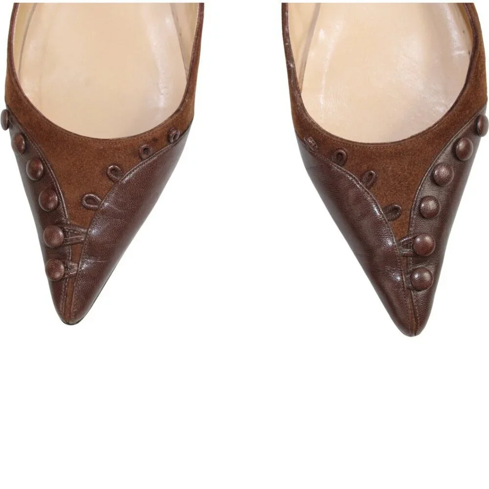 Christian Louboutin Brown Suede Leather Overlay Pointed-Toe Flats Button Detail